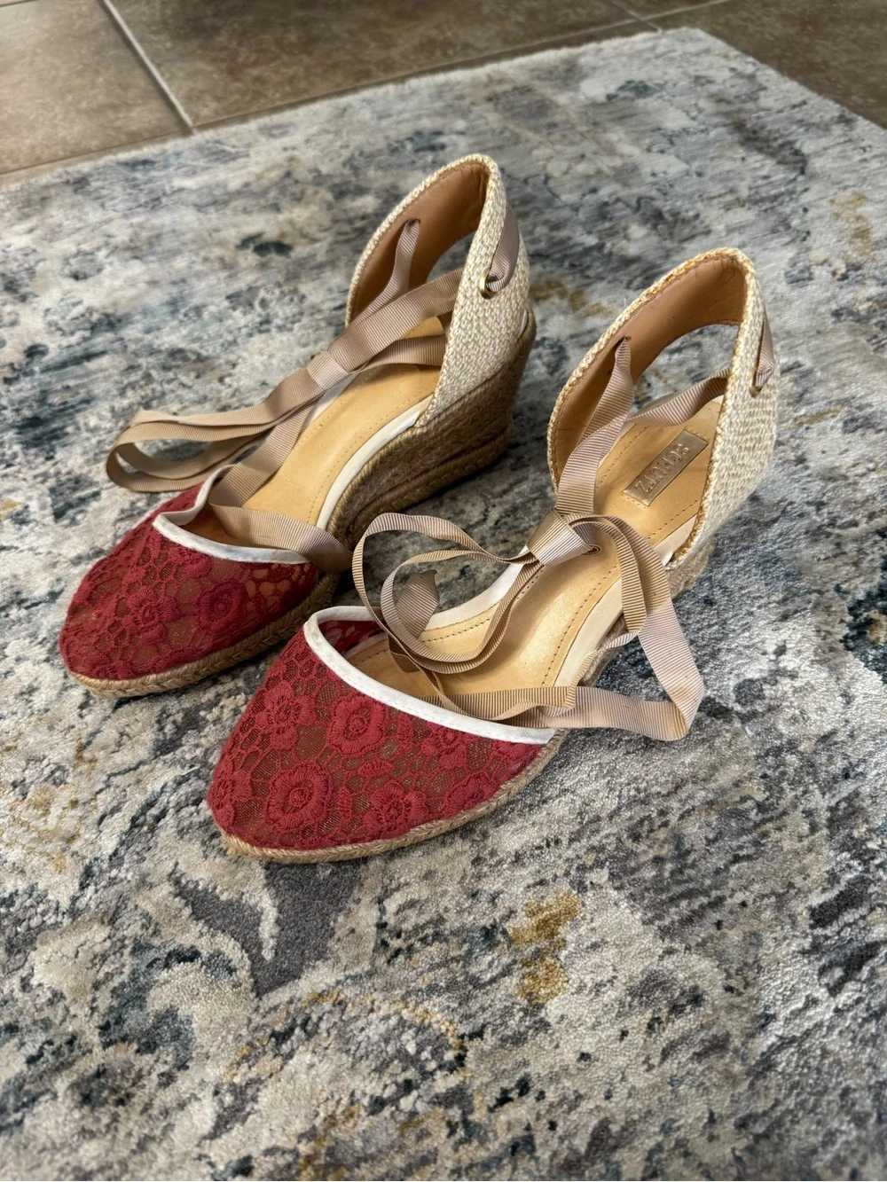 SCHUTZ Red Lace Espadrille Wedges with Tan Ankle Ties